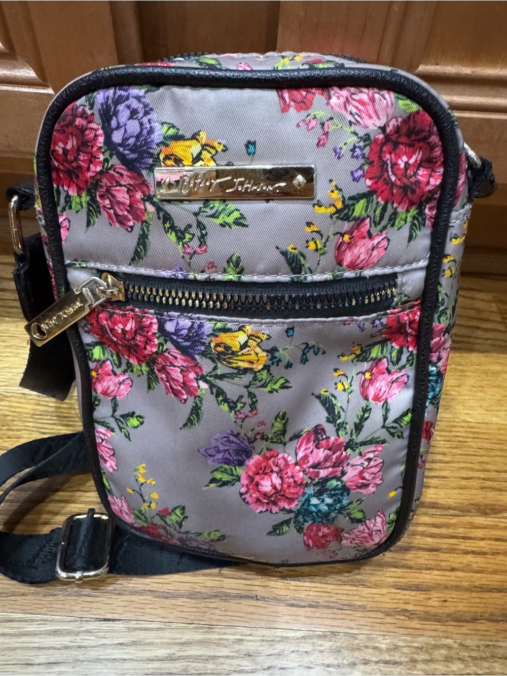 Betsey Johnson Gray Floral Crossbody with Pink, Purple and Yellow Blooms